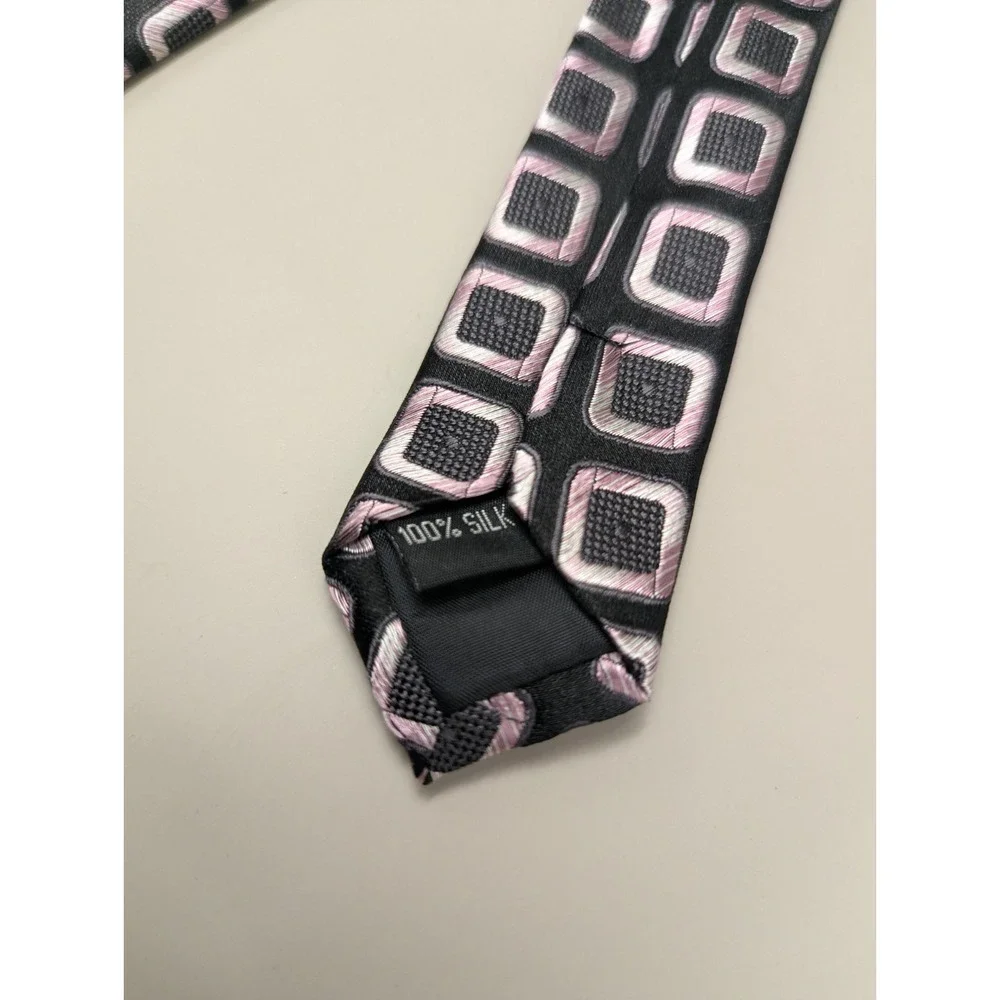 Saxony Collection Men's 100% Silk Tie Black Pink Geometric Square Necktie